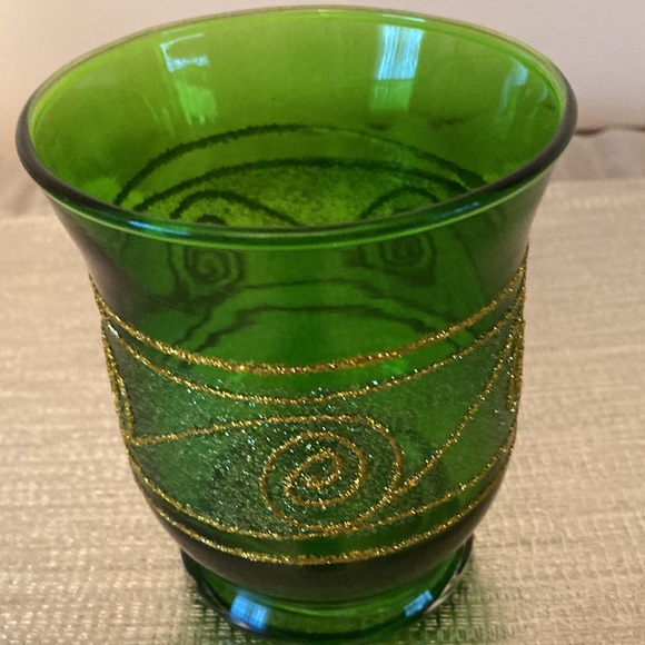 Emerald Green Glass Votive Candle Holder with Gold Glitter - Picture 2 of 6